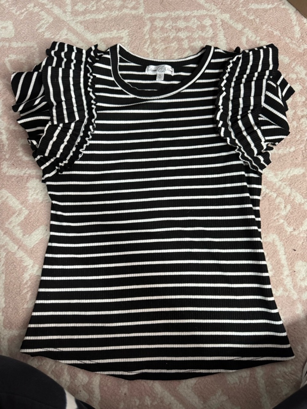 Striped Ruffle Sleeve Top - Black & White
